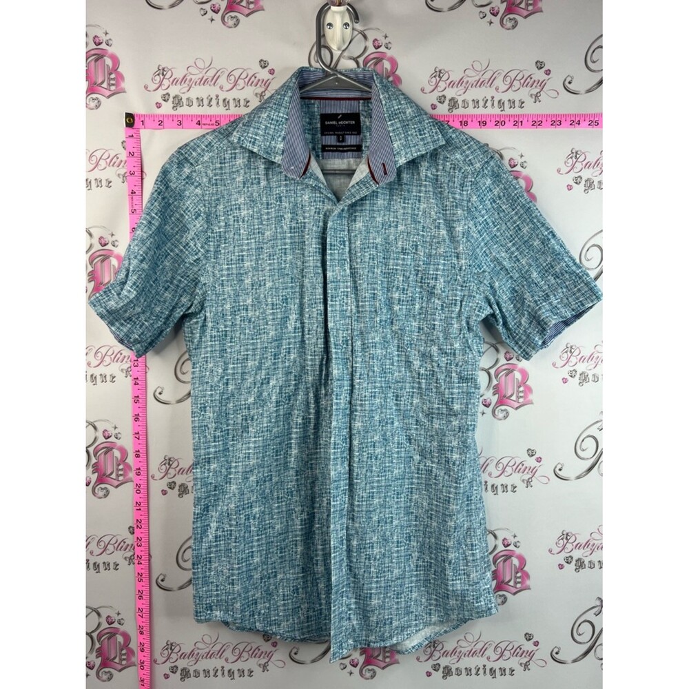 Daniel Hechter shirt non iron Teal-Blue Textured Short Sleeve Button-Down Shirt